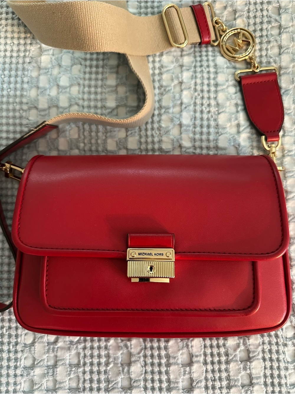 Michael Kors Red Leather Crossbody with Gold Hardware and Beige Strap